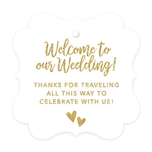Andaz Press Out of Town Bags Fancy Frame Gift Tags, Welcome to Our Wedding Thanks for Traveling to Celebrate with Us, Faux Gold Glitter, 24-Pack, for Destination OOT