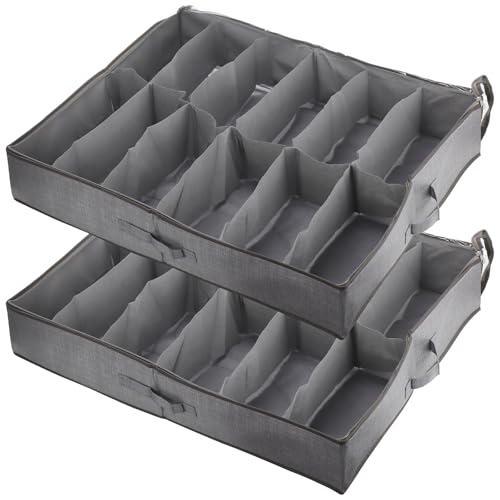 SINJEUN Lot de 2 Sacs de Rangement Chaussures, avec Fenêtre Transparente, Boite Rangement Sous Lit Pliable avec Poignées, pour Organisateur Chaussures, 12 Compartiments, Gris