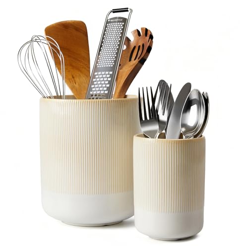 Utensil Holder, 7.3″+5.3″ Ceramic Kitchen Utensil Holder for Countertop, Cooking Utensil Holder for Kitchen Counter, Kitchen Utensil Organizer Utensil Crocks, Modern Farmhouse Decor, Beige