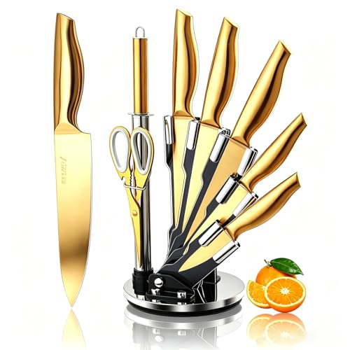 8-Piece Gold Kitchen Knife Set With Black Block Luxury Gifts
