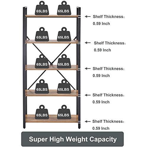 Fatorri 5 Tier Industrial Bookshelf, Rustic Etagere Bookcase For Display, Vintage Shelving Unit Wood And Metal Book Shelves For Home Office ( Rustic Oak) #TOP3