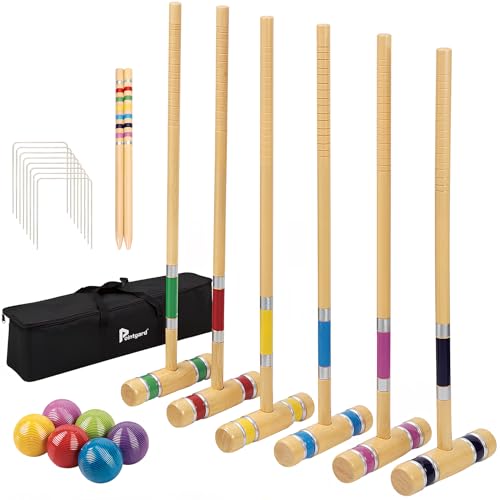 Pointyard Krocket-Set, 6 Spieler, 71 cm, mit Holzschlägeln, farbigem Ball, Wickets, Pfählen für...