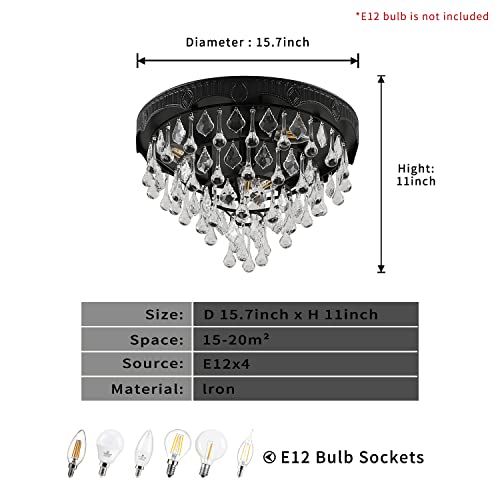 Pasoar Modern Black Crystal Chandelier 15.7 Inch Wide Modern Crystal Chandelier E12 Bulb (Bulb Not Included) 4 Light Dining Room Living Room Kitchen Island Bedroom Ceiling Lighting Fixture #TOP5