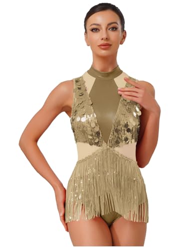 Linyuir Latein Tanzkleid Damen Paillette Gymnastikanzug Eiskunstlaufkleid Latein Tanz Jazz Rumba Salsa Walzer Tango Bühnenkostüm S XXL Gold L
