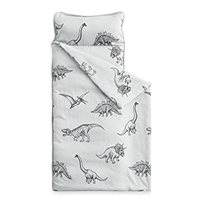 Wake In Cloud – Dinosaur Nap Mat with Removable Pillow for Kids Toddler Boys Girls Daycare Preschool Kindergarten Sleeping Bag, Dinosaur Sketch Printed on Gray Grey, 100% Soft Microfiber