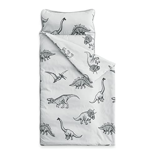 Wake In Cloud – Dinosaur Nap Mat with Removable Pillow for Kids Toddler Boys Girls Daycare Preschool Kindergarten Sleeping Bag, Dinosaur Sketch Printed on Gray Grey, 100% Soft Microfiber