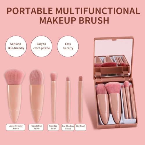 Image of Professional 5 in 1 Mini Makeup Brush Kit with Mirror Face Eye Shadows Blush Cosmetic Case Set Foundation Blending Brushes Travel Kit Cleanser Tools for Women Girls Female