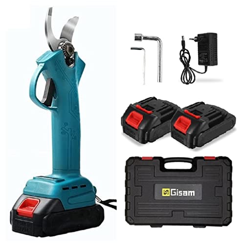 Gism - Tijeras de podar eléctricas profesional inalámbricas ,corte 30 mm diámetro , con 2 baterías, para la jardinería cortar árbol ramas (azul) Cover