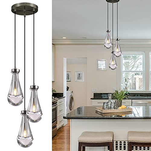 Joyunleo 3 Light Pendant Lights Kitchen Island, Raindrop Cluster Pendant Light Fixture, Adjustable Hanging Rope Chandelier For Dining Room Brushed Nickel Teardrop Ceiling Lamp For Foyer Hallway #TOP9