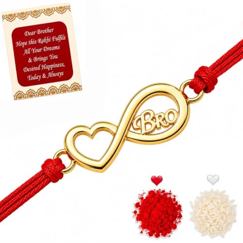 Image of Gold Plated Designer Rakhi Bracelet for Brother | Infinity, Heart, Evil Eye & BRO Designs | Raksha Bandhan Rakhi with Roli Chawal & Greeting Card