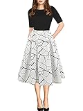oxiuly Women's Vintage Dresses Patchwork Pockets Puffy Swing Casual Party Dress OX165 (BK-White Stripe, s)