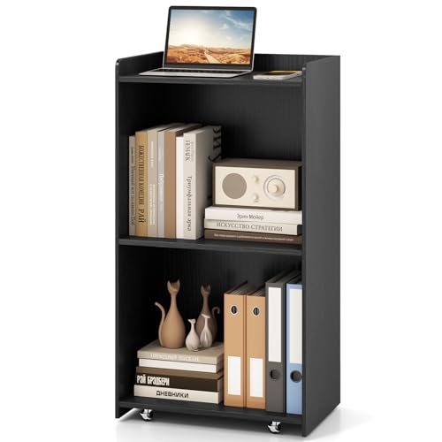 LIFEZEAL   Soporte móvil con ruedas, podio de presentación de madera con estantes para ordenador portátil y documentos, mostrador de bienvenida para conferencias, iglesia, oficina, aula, color negro