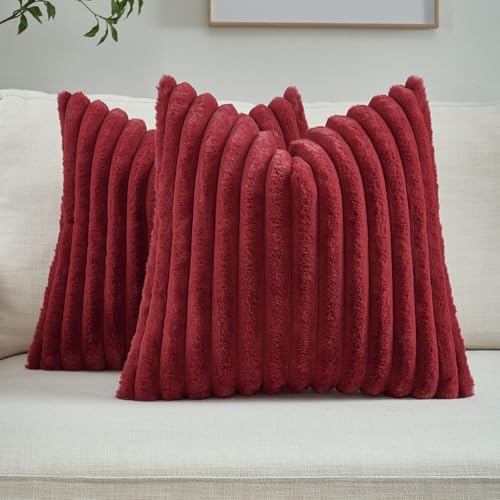 FUTEI Burgundy Striped Decorative Throw Pillow Covers 26x26 Inch Set of 2,Wine Red Square Fall Decorations Couch Euro Pillow Shams,Soft Cozy Faux Rabbit Fur & Velvet Back,Modern Home Decor for Bed
