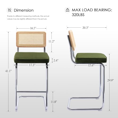 Image of Zesthouse Natural Rattan Bar Stools Set of 2, Modern Boho Bar Height Stools | 30 inch Mid Century Modern Barstools with Solid Wood Back & Cane Mesh, Vintage Velvet Fabric Barstools with Chrome Base, Green
