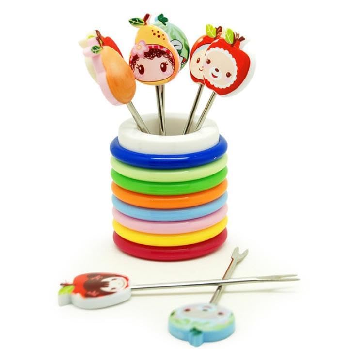 Image of Baby Self Feeding Spoon and Fork Set with Travel Case Stainless Steel Kids Cutlery Toddler Training Utensils Color as per Stock (Fruit Forks with Rings Stand)