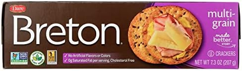 Dare Breton Multi-Grain Crackers, No Artificial Flavors or Colors, 0g Saturated Fat, Cholesterol Free, Plant Based, Kosher, Gluten Free & Non-GMO, 7.3 Ounce (Pack of 12)