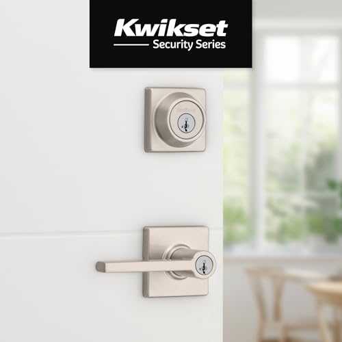 Image of Kwikset Casey Front Door Lock Handle and Deadbolt Set, Satin Nickel | Square Keyed Entry, Single Cylinder Combo Pack, Pick Resistant, SmartKey Rekey Deadbolt Security