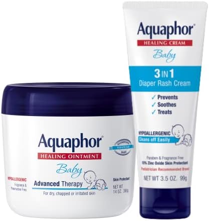 Aquaphor Baby Skin Care Set - Fragrance Free, Prevents, Soothes and Treats Diaper Rash - Includes 14 oz. Jar of Advanced Healing Ointment & 3.5 oz Tube of Diaper Rash Cream