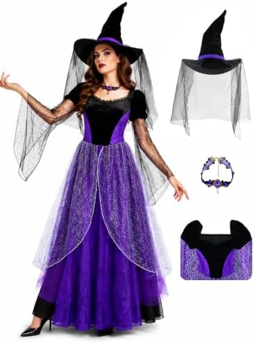 EDAUWAE Witch Costume Women Halloween Cosplay Deluxe Dress with H...