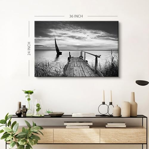 Image of Black and White Coastal Wall Art Beach Sailboat Seascape Pictures Bathroom Wall Decor Grey Trestle Canvas Print Painting Artwork for Modern Abstract Living Room Bedroom Home Office Decoration 24x36 inch