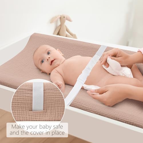 Bearmoss Changing Pad Cover, 2 Pack Muslin [100% Cotton] Diaper Changing Table Covers, 32'' x 16'' Soft Breathable Changing Pad Sheets for Unisex Baby Girls and Boys with Strap Holes (Peanut) - Thumbnail 3