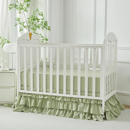 Image of Brandream Crib Skirt Triple Layer Cotton Nursery Bed Skirt for Baby Girls Boys Toddler Bedskirt Solid Color Light Green Dust Ruffle Gender Neutral Farmhouse Chic Boho Bohemian Skirt