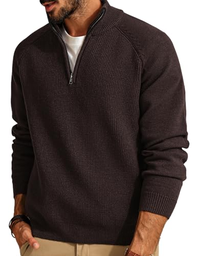 PJ PAUL JONES Turtleneck Men Quarter Zip Pullover Men Fall Chunky Knit Sweater Raglan Sleeves Coffee XXL