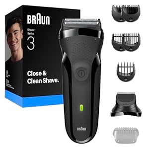 Braun Series 3 Electric Shaver, 3 Flexible Blades, Beard Trimmer Attachment, +5 Combs, Dry Razor for Men, Designed in Germany, 300BT, Grey