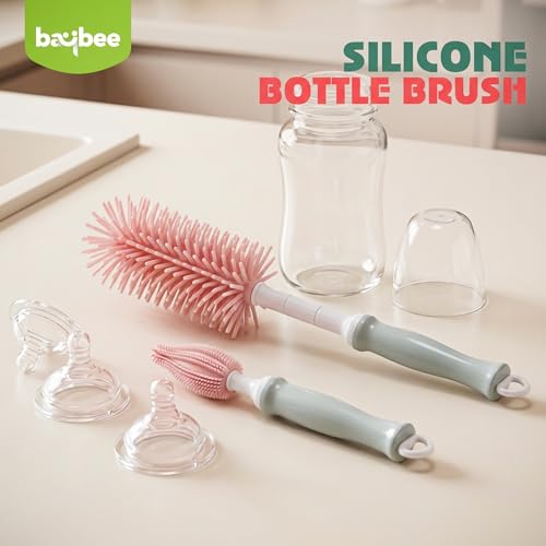 Image of Baybee 2Pc Combo Silicone Bottle Cleaning Brush | BPA-Free 360 Rotatable Silicone Bristles for Nipple, Straw, Vase, Glass & Feeding Bottle Cleaner Set | Anti Slip Handle, Easy to Clean Corner (Pink)