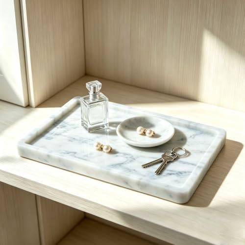 Erongoo Marble Tray, 12"x8" Marble Vanity Tray for Bathroom Kitchen Countertop, Rectangular Stone Tray for Perfume Jewelry Candle, Decorative White Catchall Serving Tray Home Decor(Namib Sky) — view 7