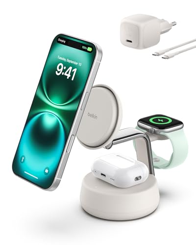 Belkin UltraCharge Pro Trådlös Laddare 3 i 1, Qi2 Trådlös Laddningsstation 25W, MagSafe-kompatibel Telefonstativ för iPhone 16, Apple Watch, AirPods, Pixelsnap, med Fläkt och 45W adapter - Sandfärgad