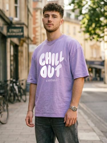 Image of LEOTUDE Men's Oversized Drop Shoulder Cool and Stylish Half Sleeve Round Neck Baggy Fit Graphic Printed Design Combo T-Shirt for Man's (Color Purple)