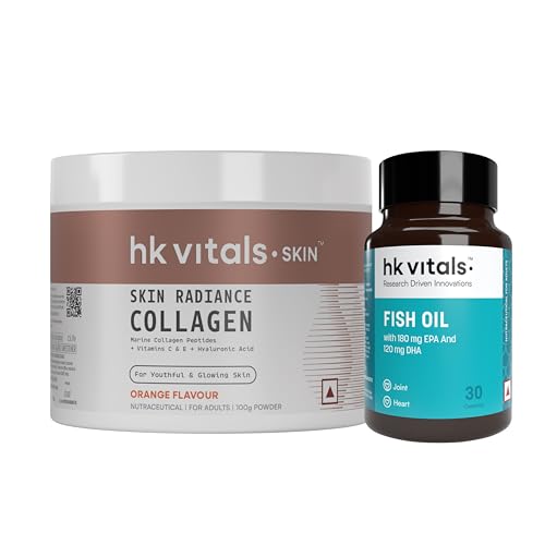 Image of hk vitals Marine Collagen Supplements (Orange, 200g) & Fish Oil Omega 3 Capsule 1000mg (30 Fish Oil Capsules) (180mg EPA & 120mg DHA) | Combo Pack