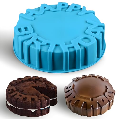 Gasusen Happy Birthday Silicone Cake Pan, 8 Inch Round Cake Mold, Silicone Cake Pan Mould for Dessert, Bread, Pudding, Jelly, Cheese Cake, Chocolate Cake Baking