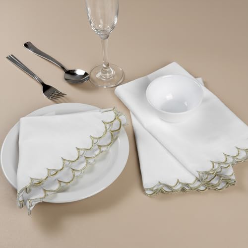Image of FINGERCRAFT Scallop Edge Cloth Napkins | Set of 6 | 20x20 Inches | 100% Cotton | Table Napkins for Any Occasion | Washable, Perfect for Parties and Everyday Use (White Gold Slub, Set of 6)