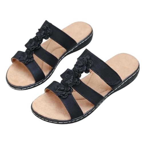 2025 women's floral decoration sliding into sandals, comfortable and elegant summer beach, daily slippers, comfortable arch support(Black,9)
