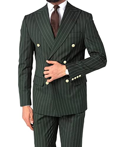 Mens Pinstripe Suit Slim Fit 2 Piece Double Breasted Wedding Halloween Christmas Prom Gold Button Blazer and Pants