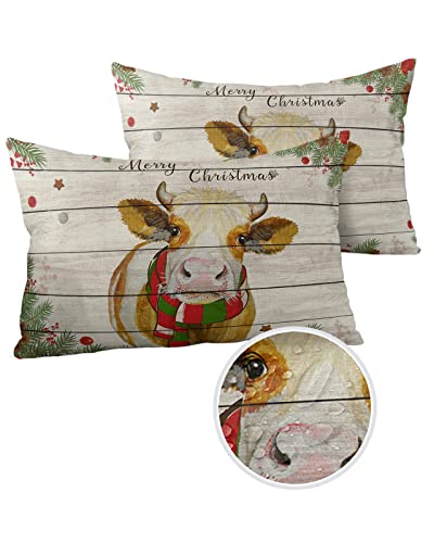Outdoor Throw Pillow Covers 20x12 Waterproof Christmas Cow Holy Berry Outdoor Pillows Decorative Pillow Covers Cushion Covers Pillowcase for Tent Patio Garden Couch Set of 2, Cattle Ball Pine Wood