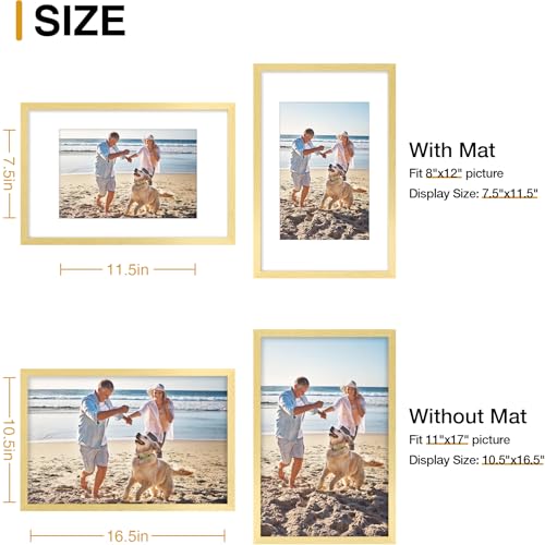 decorUhome 11x17 Picture Frame, Display Pictures 8x12 with Mat or 11x17 without Mat, Wall Hanging Poster Frame, Gold, 1 Pack