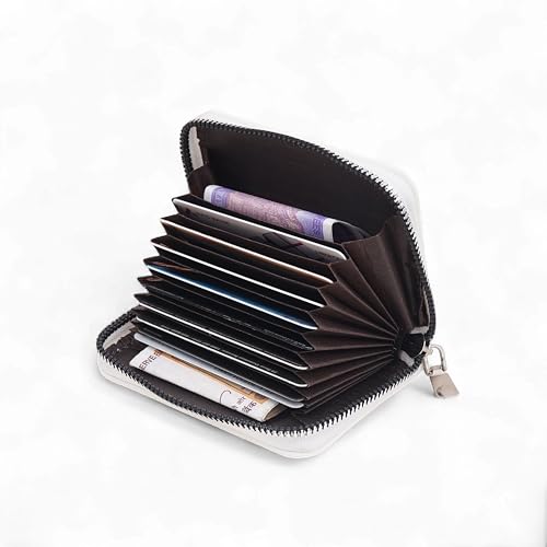 Image of 9 Slot RFID Genuine Leather Credit Debit Card Holder Wallet Money Zipper Coin Purse for Men & Women (White)