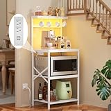Korfile Kitchen Bakers Rack with Power Outlet & LED Lights, Small Coffee Bar Table with Adjustable Storage Shelf, 4 Tiers Microwave Stand with 8 Hooks, Coffee Station for Appliance Organizer, White