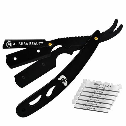 BEAUTICS ALISHBA BEAUTY PROFESSIONAL BARBER STRAIGHT EDGE RAZOR SALON QUALITY CUT THROAT SHAVETTE WITH 20 PACK PLATINUM SUPER SHARP SINGLE EDGE RAZOR BLADES STRAIGHT RAZORS FOR MEN (BLACK 7001)