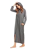 ADOME Damen Lang Morgenmantel mit Kapuze Bademantel Reißverschluß Saunamantel Flauschig Weiche Gemütliche Robe,Dunkelgrau,XXL,44