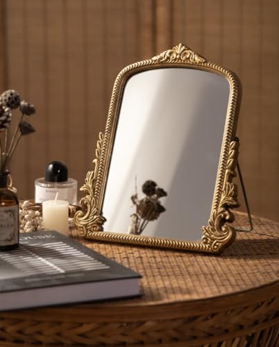 Hsddhome HSD09 Vintage Vanity Makeup Desk Mirror，Antique Traditional Chic Arch Table Mirror Gold，Decor Wood Framed Small Standing Carved Arendahl Mirror thumb #4