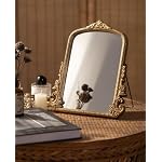 Vintage Vanity Makeup Desk Mirror，Antique Traditional Chic Arch Table Mirror Gold，Decor Wood Framed Small Standing Carved Arendahl Mirror for Living Room,Bedroom,Tabletop 11.8" x 9.6" - Image 5