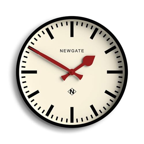 NEWGATE® Universal wall clock | Large modern vintage station clock | 43cm | Deep matt black metal case with red metal hands | Mid century style for kitchen, living room or office