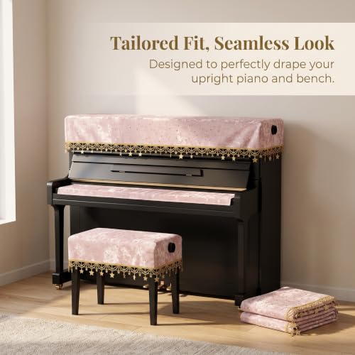Funda para piano vertical rosa con estrellas doradas y cubierta de taburete doble 3