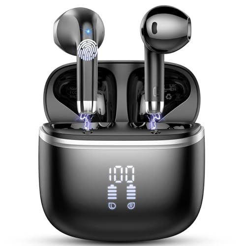 Wireless Earbuds, Bluetooth 5.3 Headphones with 4 ENC Noise Cancelling Mic, HiFi Stereo Deep Bass, 40H Playtime, IP7 Waterproof Bluetooth Earphones, Bluetooth Earbuds Dual LED Display, USB-C, Black