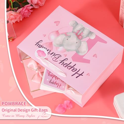 Image of Powbrace 13 inch 1st Birthday Gift Bag with Tissue Paper and Greeting Card for Party, Happy Birthday Gift Bag for Men Women,Gift Bags Medium size(1 PCS Pink Cartoon)