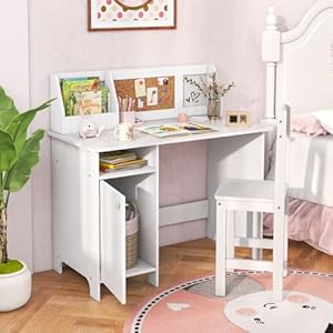 Honey joy kids desk and chair set wooden children school study table and chair wwhiteboard hutch storage shelves student writing desk computer workstation for bedroom 3 years old white  urban country home decor